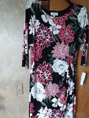 Robbie Bee Black Floral Wrap-Style Long Sleeve Dress with Red and White Blooms
